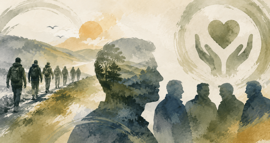 Annual feedback image suggesting men's mental health and wellbeing ina. watercolour illustration style