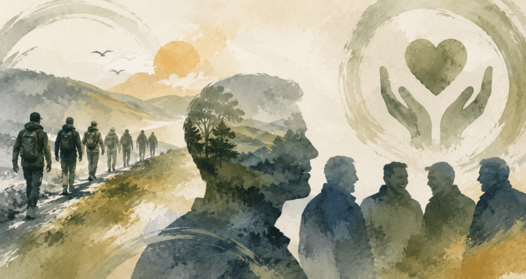 Annual feedback image suggesting men's mental health and wellbeing ina. watercolour illustration style